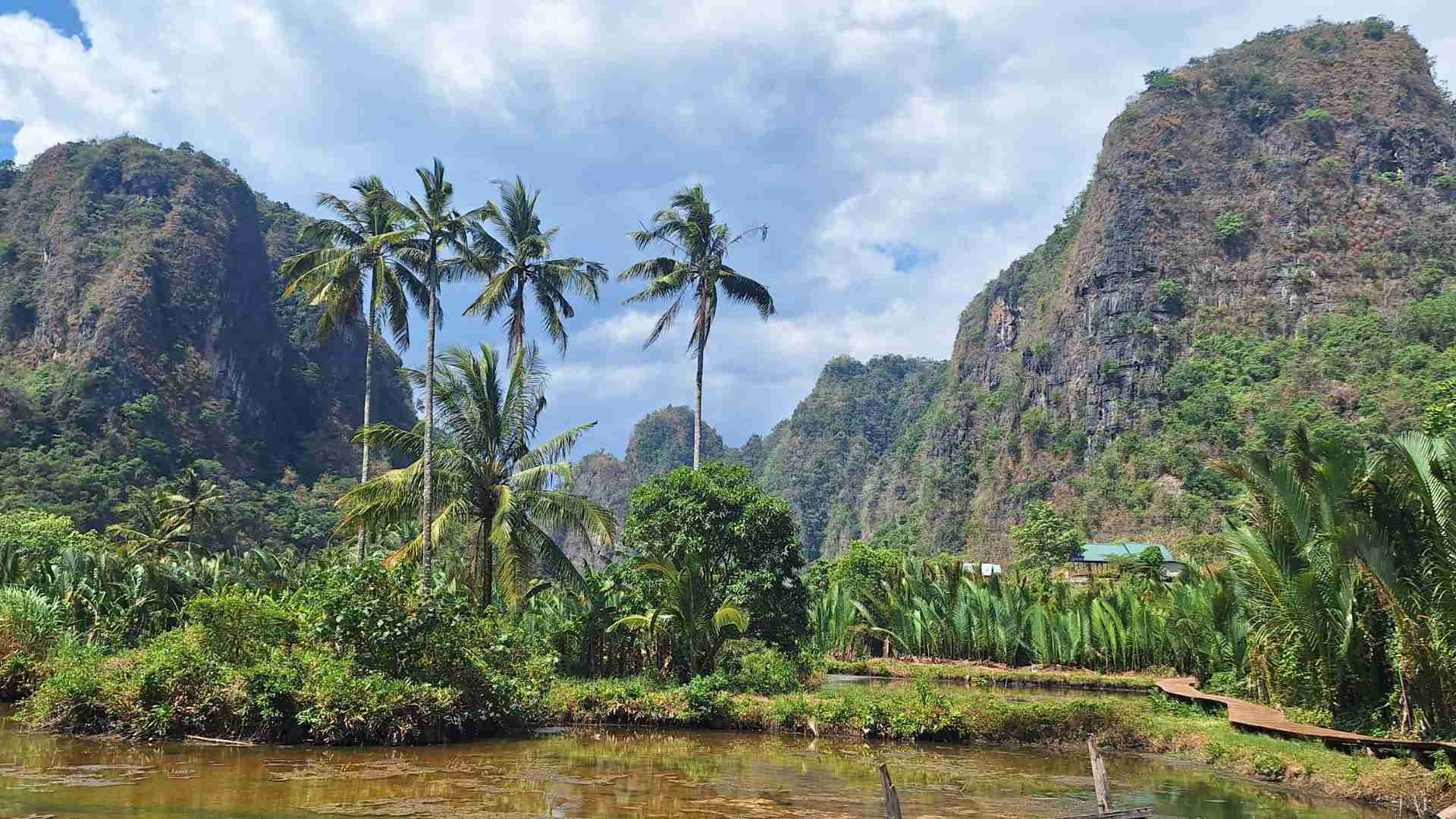 Limestone karst towers rising above the tropical landscape of Rammang-Rammang, South Sulawesi, Indonesia