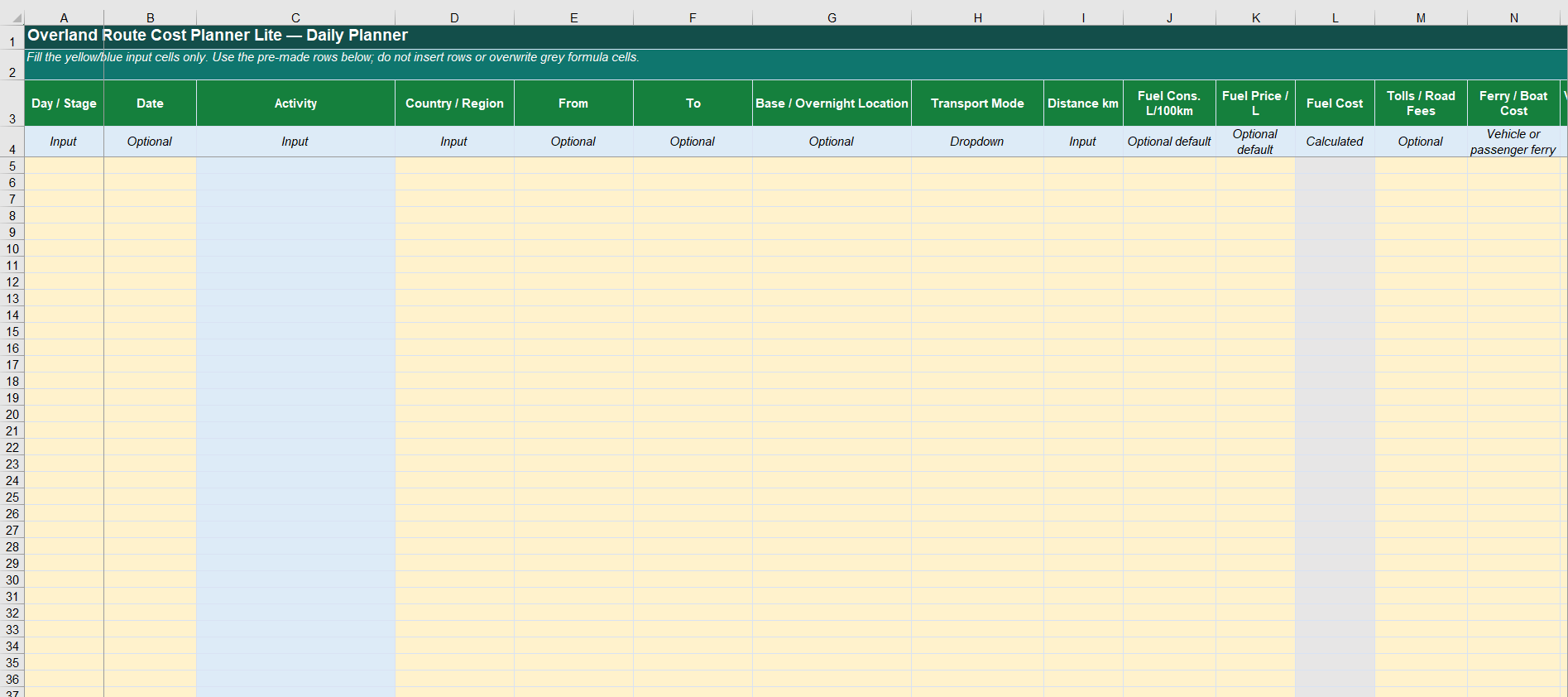 Overland Route Cost Planner Lite- Daily Planner