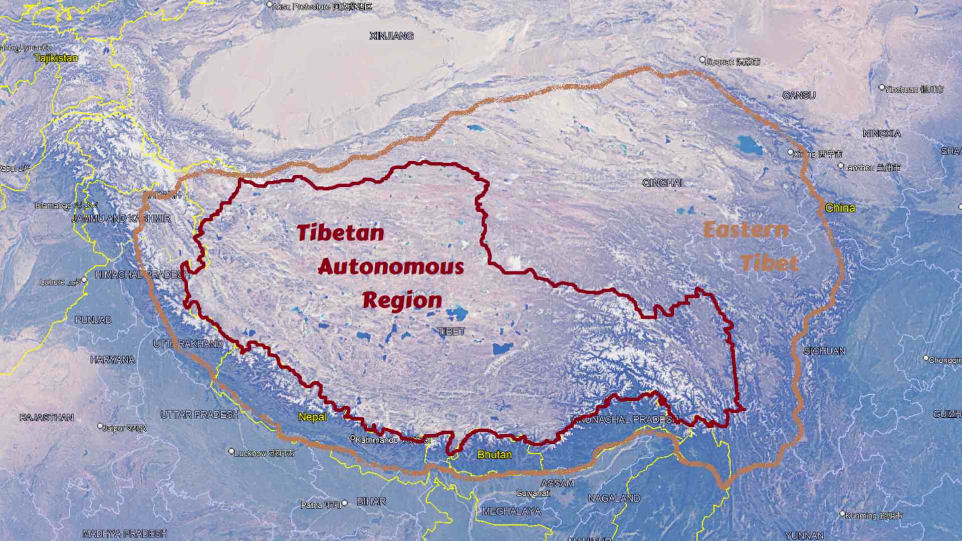 Map of Tibet, with the Tibetan Autonomous Region and wider Tibet
