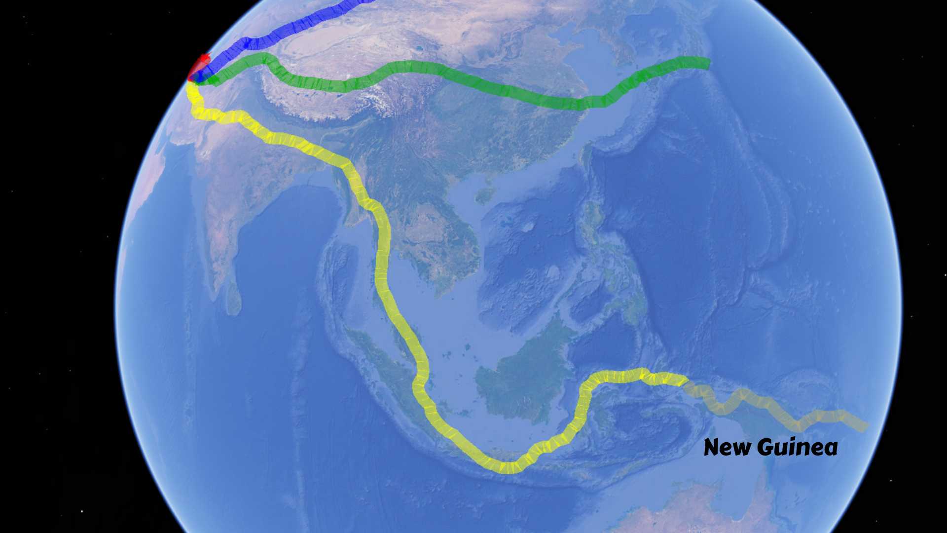 The yellow line of the proposed Crossing Eurasia route can proceed further into Oceania through New Guinea