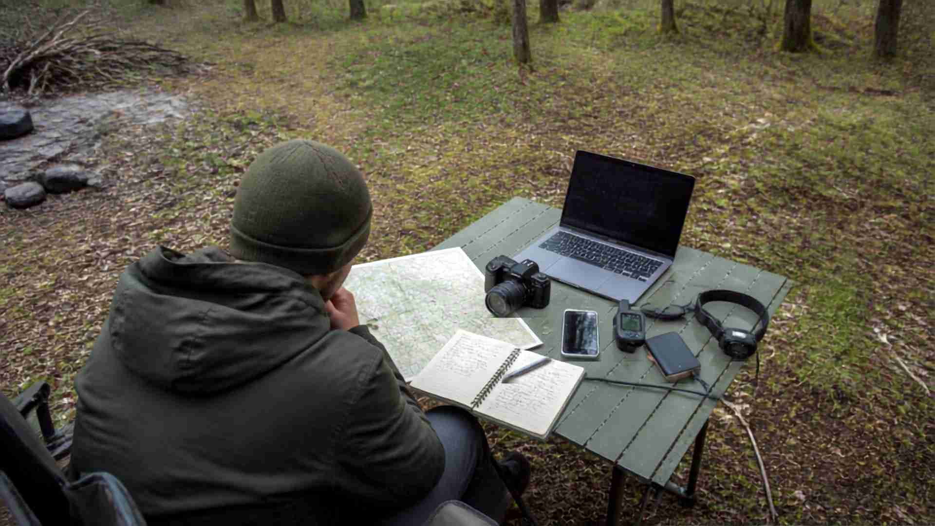 Traveler planning an off-grid journey with a laptop, map, power bank and essential electronic devices