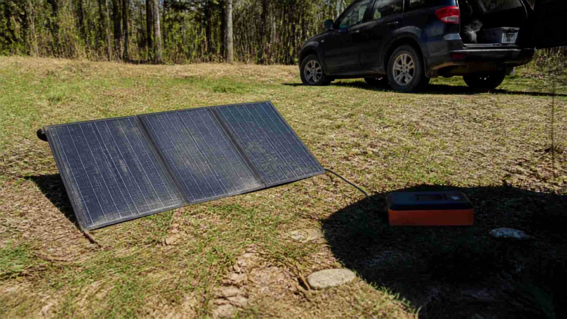 Foldable solar panel charging a portable power bank beside a vehicle at a forest campsite