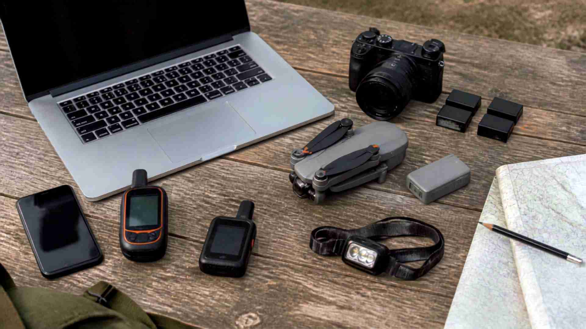Laptop, smartphone, camera, drone, GPS devices and headlamp used during off-grid travel