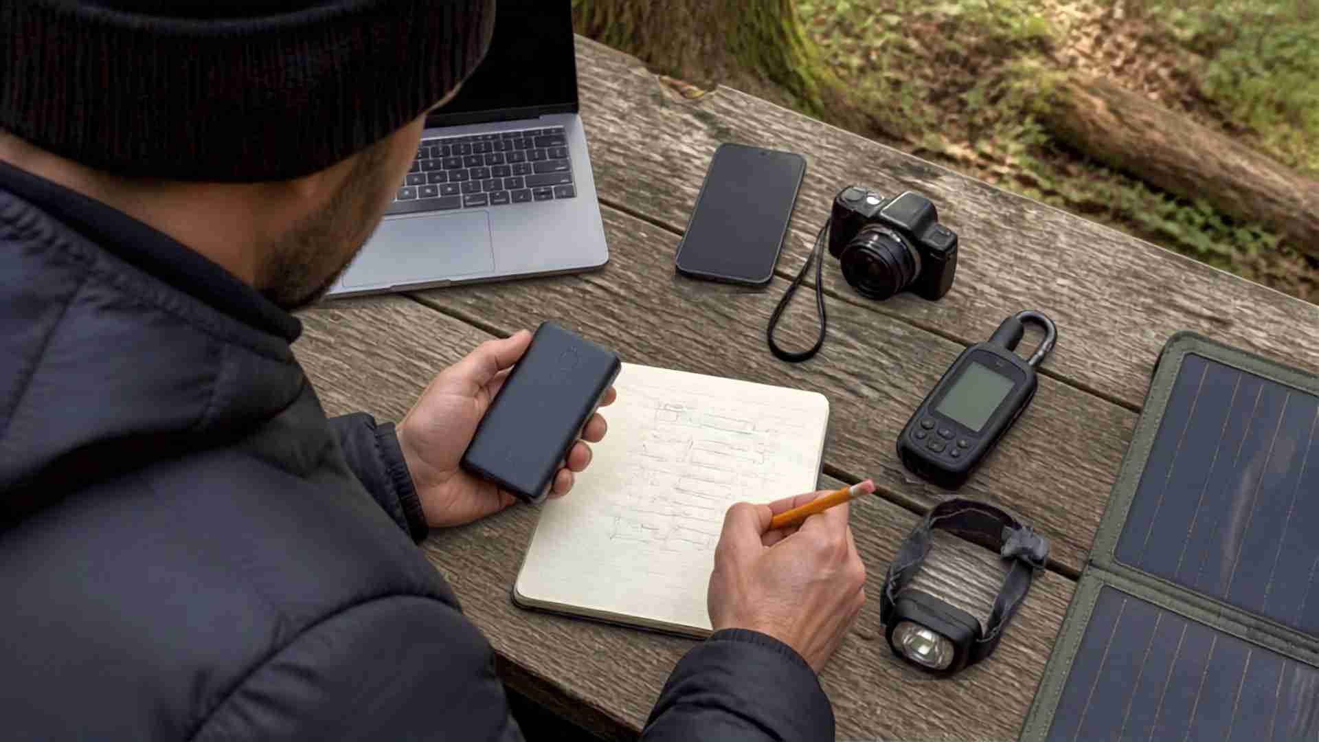 Traveler estimating available battery capacity and daily energy use for off-grid devices