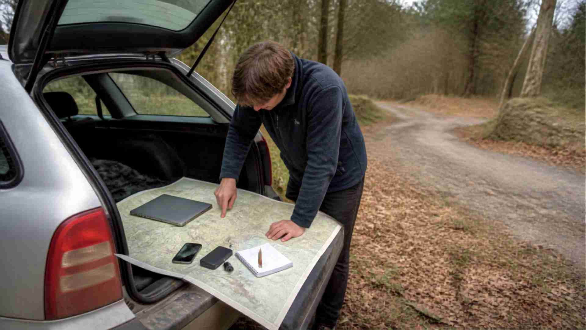 Traveler planning a driving route around work time and opportunities to recharge electronic devices